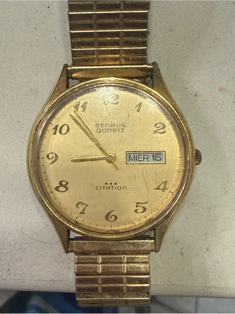 Vintage Benrus Citation 3 Star Quartz Gold Tone Day Date Men’s Watch
